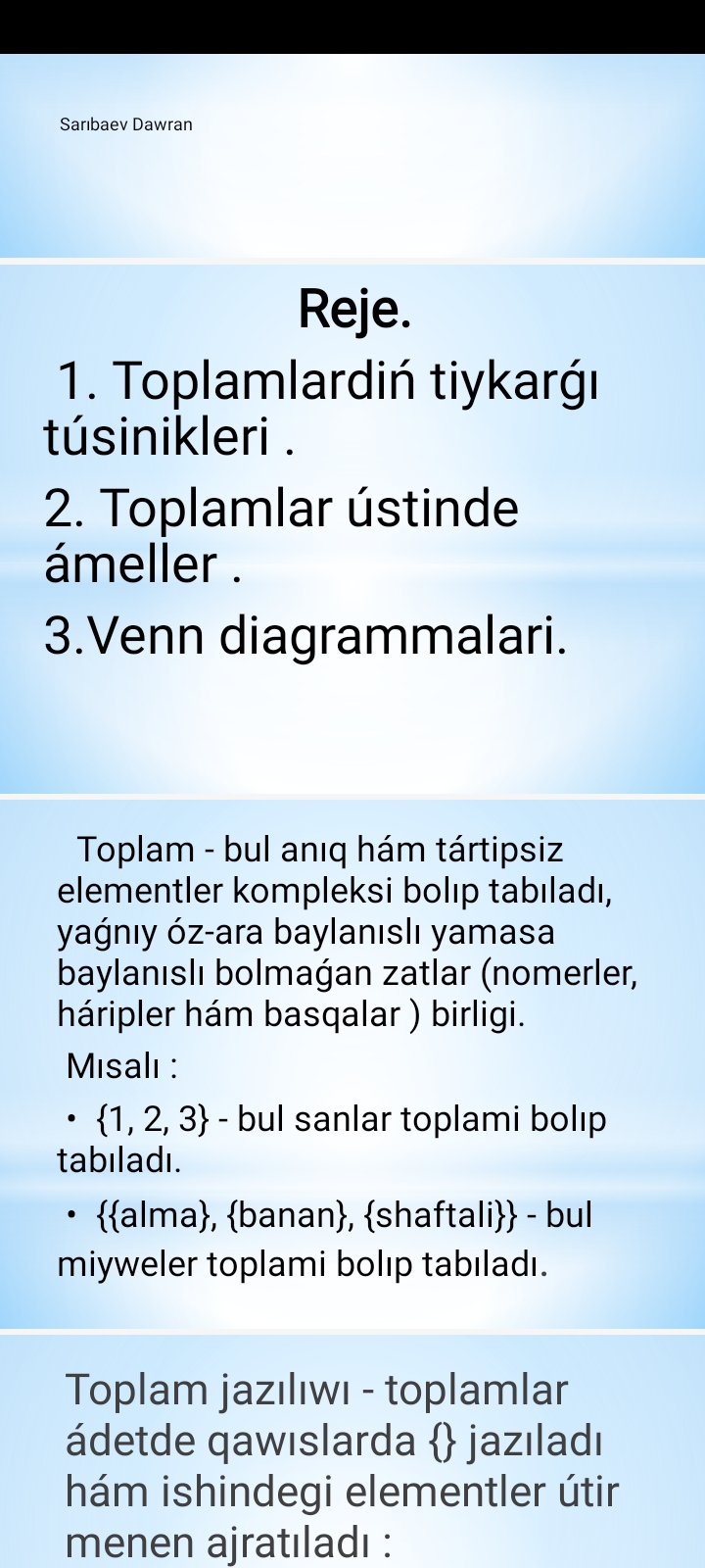 to'plamlar va ular ustida amallar qoraqalpoqsha