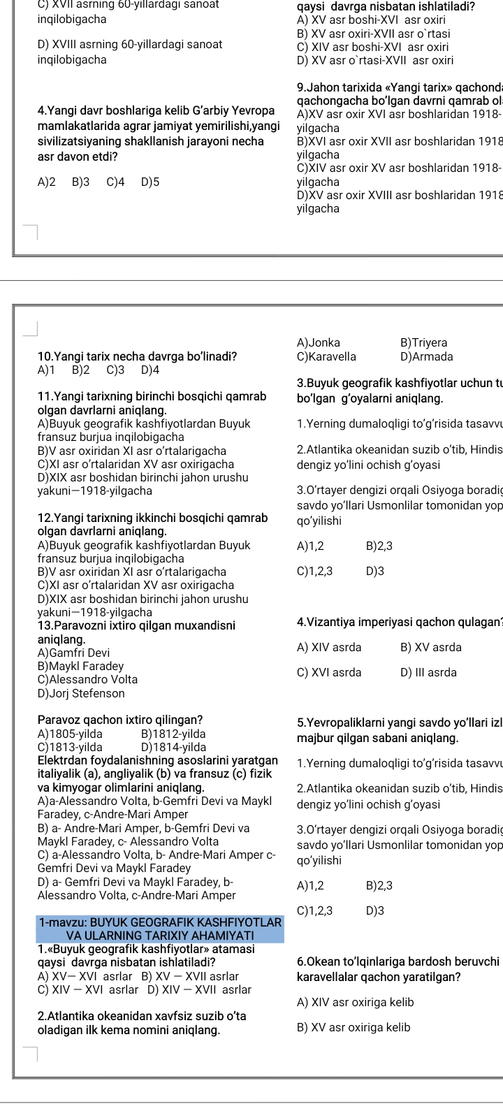 8 sinf jahon tarixi yangi test