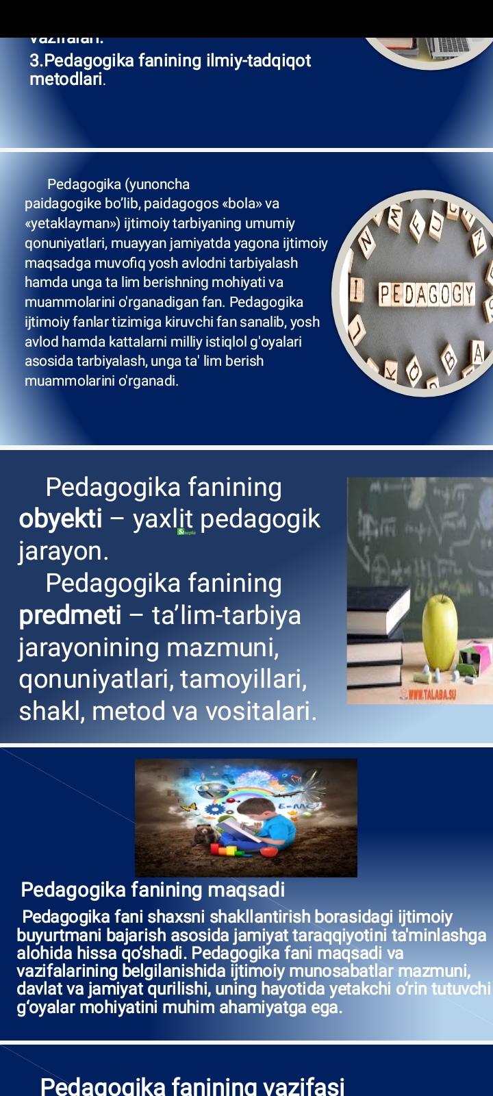 Pedagogika fanining predmeti, maqsad va vazifalari, ilmiy-tadqiqot metodlari