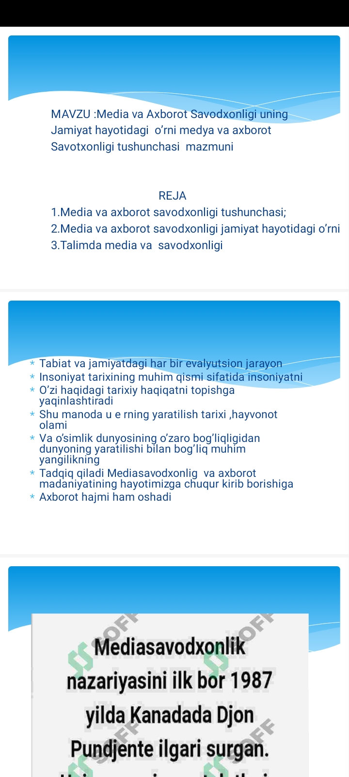 Media va Axborot Savodxonligi uning Jamiyat hayotidagi o’rni medya va axborot Savotxonligi tushunchasi mazmuni