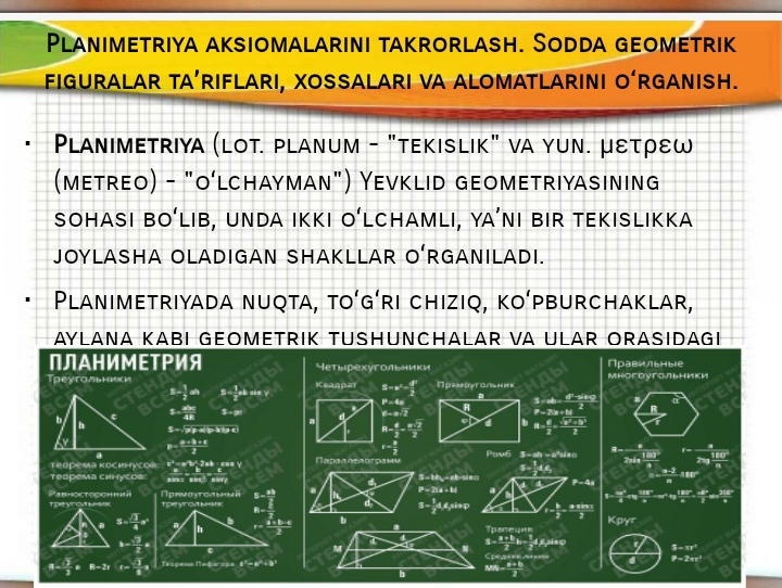 Planimetriya aksiomalarini takrorlash. Sodda geometrik figuralar ta’riflari. Yevklid geometriyasi.