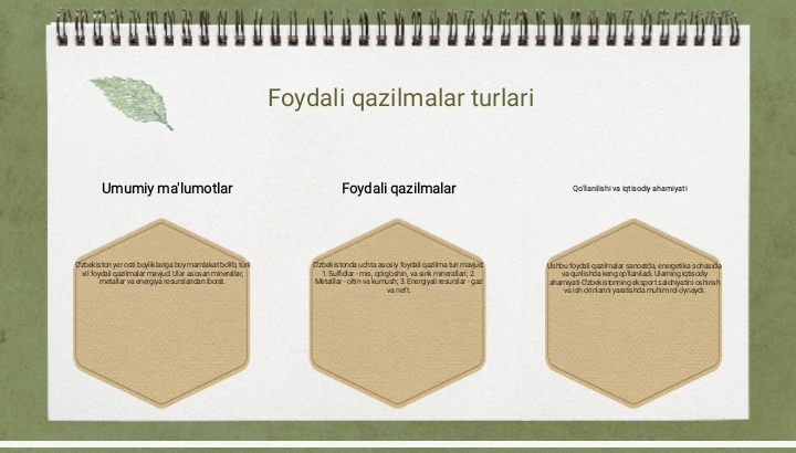 O'zbekistonning foydali qazilmalari haqida ma'lumotlar tayyorlash va xaritada belgilash