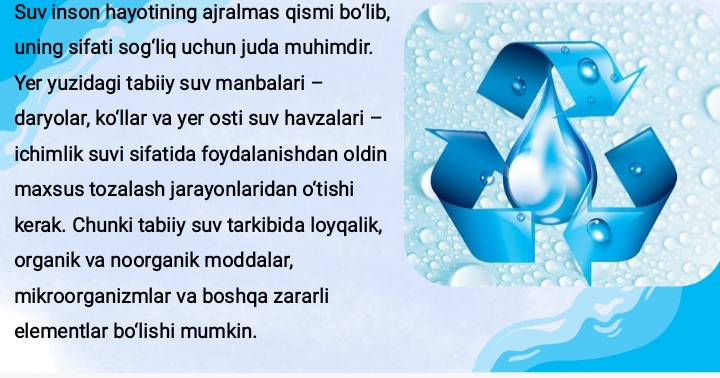 Yer yuzida tabiiy suv manbaalari (daryolar, ko'llar) suvini vadaparavod tarmog'iga yuborishdan oldin tindirilishi, tiniqlashtirilishi va zararsizlantirish
