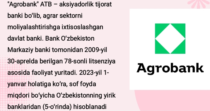 Agrobankning moliyaviy holati bo'yicha hisobotlarni o'rganish
(2020-2024)