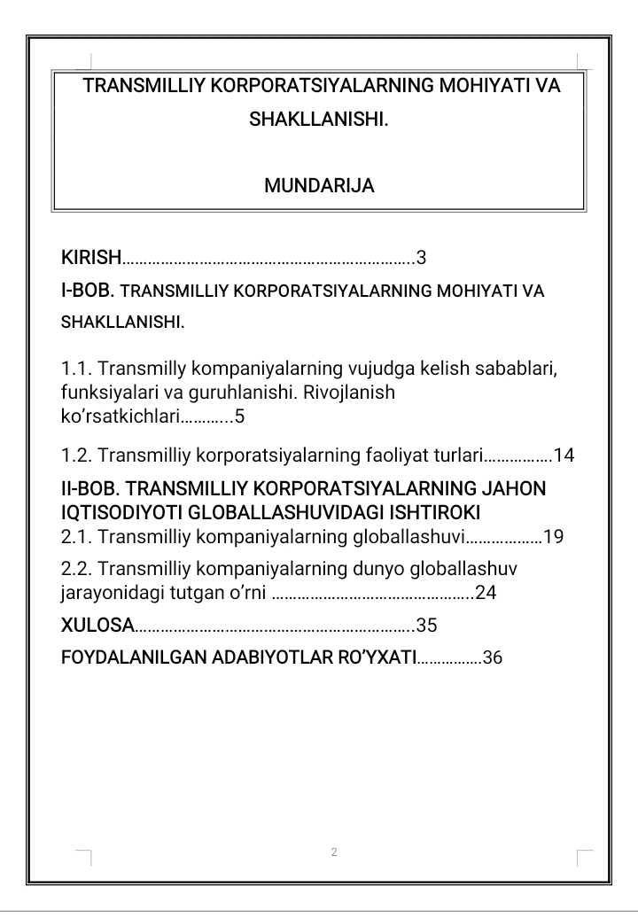 . TRANSMILLIY KORPORATSIYALARNING MOHIYATI VA SHAKLLANISHI.
