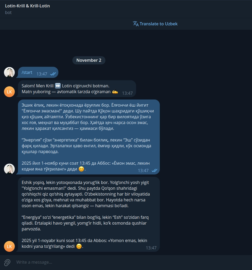 Lotin - Krill, Krill - Lotin konvertor telegram bot