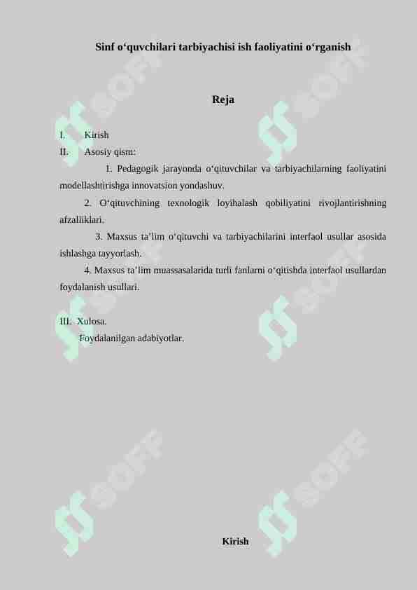 Sinf o‘quvchilari tarbiyachisi ish faoliyatini o‘rganish