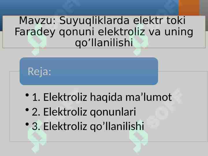 Suyuqliklarda elektr toki Faradey qonuni elektroliz va uning qo’llanilishi