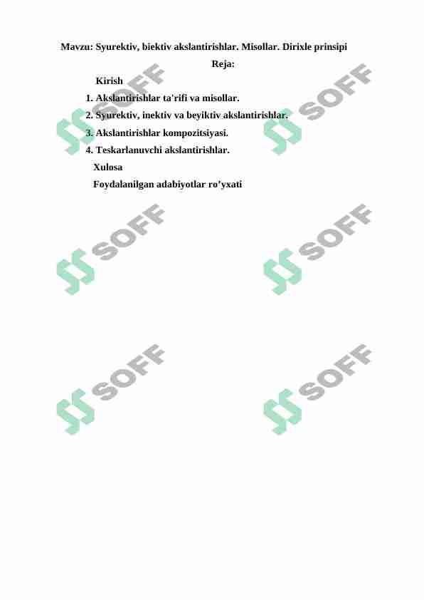 Syurektiv, biektiv akslantirishlar. Misollar. Dirixle prinsipi