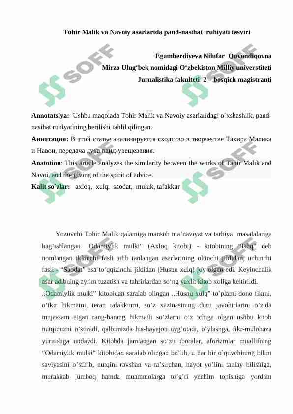 Tohir Malik va Navoiy asarlarida pand-nasihat ruhiyati tasviri