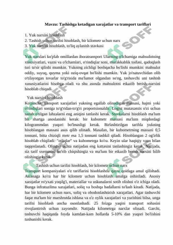 Tashishga ketadigan xarajatlar va transport tariflari