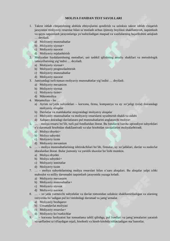 MOLIYA FANIDAN TEST SAVOLLARI. 100 TA JAVOBLARI BILAN