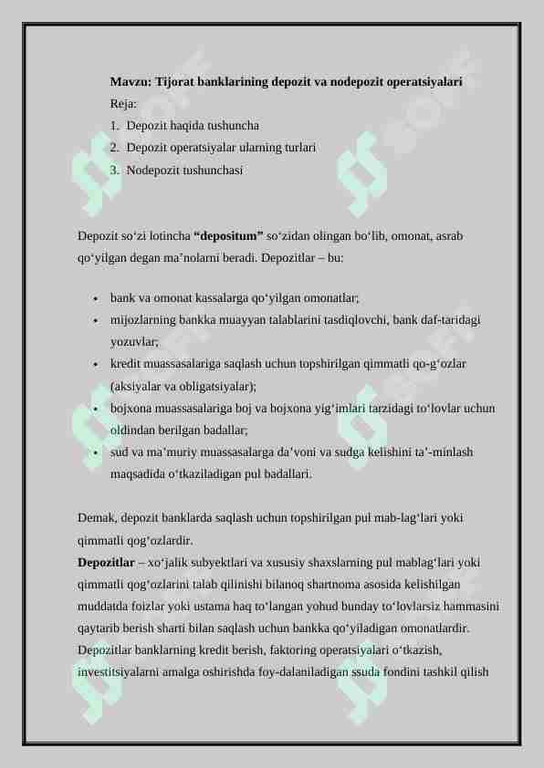 Tijorat banklarining depozit va nodepozit operatsiyalari