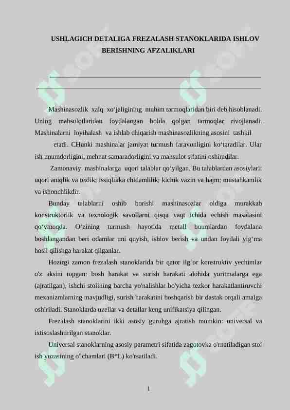 USHLAGICH DETALIGA FREZALASH STANOKLARIDA ISHLOV BERISHNING AFZALIKLARI