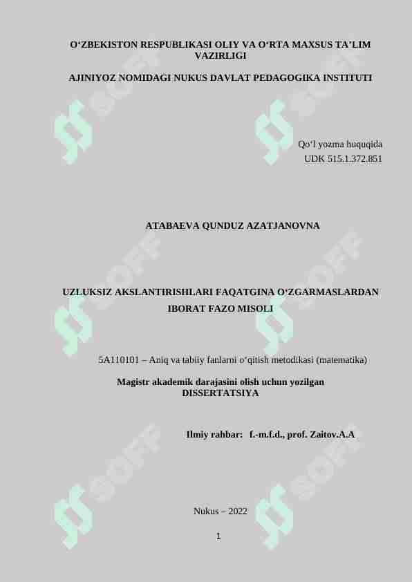 UZLUKSIZ AKSLANTIRISHLARI FAQATGINA O‘ZGARMASLARDAN IBORAT FAZO MISOLI