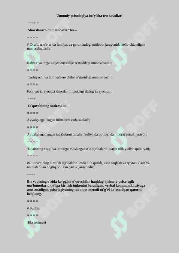 Umumiy psixologiya bo'yicha test savollari. Javoblari bilan