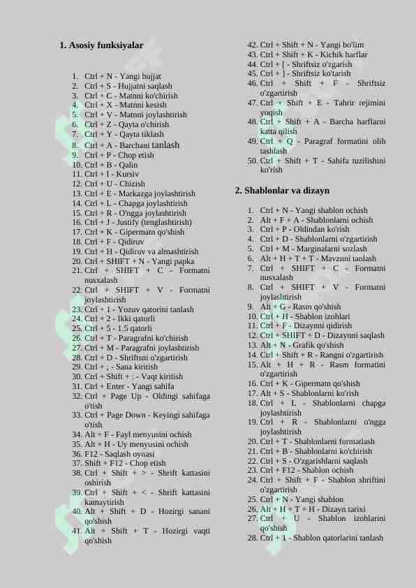 Word dasturi uchun tezkor tugmalar