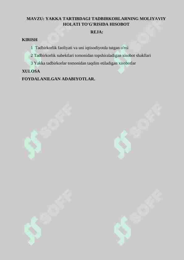 YAKKA TARTIBDAGI TADBIRKORLARNING MOLIYAVIY HOLATI TO'G'RISIDA HISOBOT