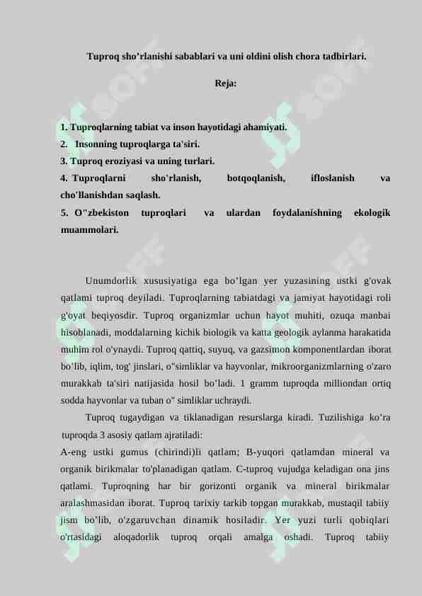 Tuproq sho’rlanishi sabablari va uni oldini olish chora tadbirlari.