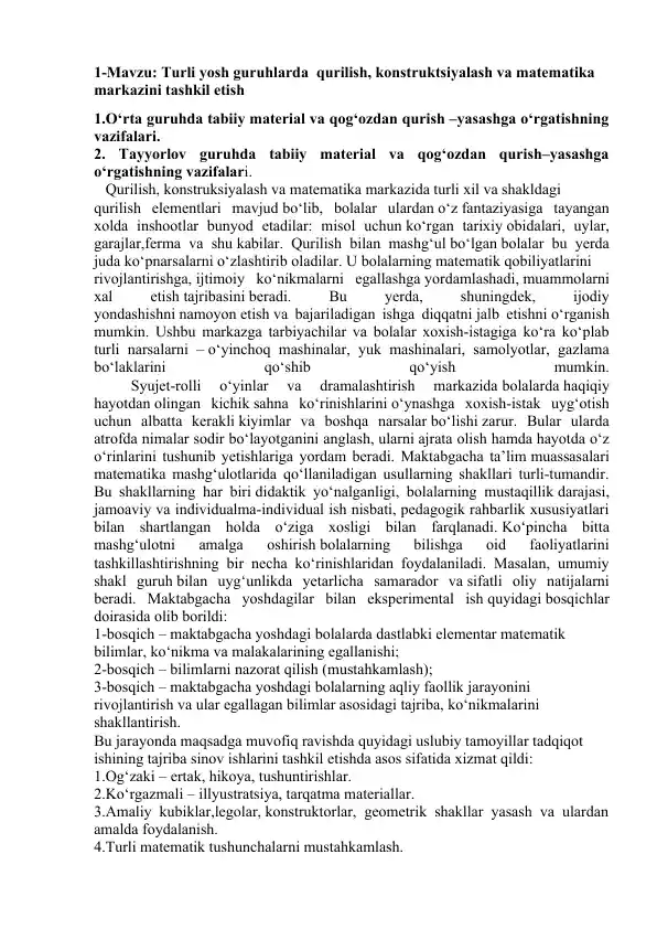 Qurilish, konstruktsiyalash va matematika markazi tashkil etish