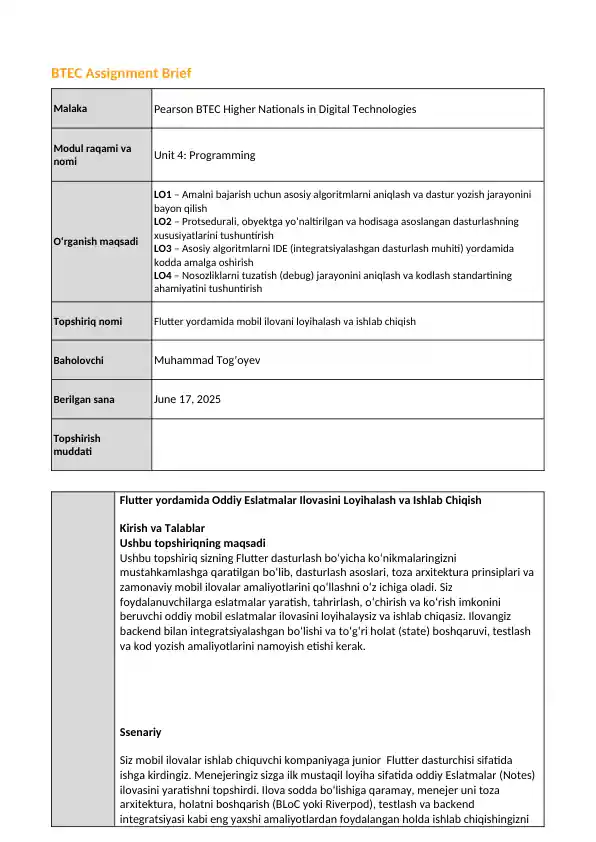 Flutter yordamida mobil ilovani loyihalash va ishlab chiqish