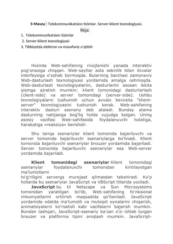 Telekommunikatsion tizimlar. Server-klient texnologiyasi