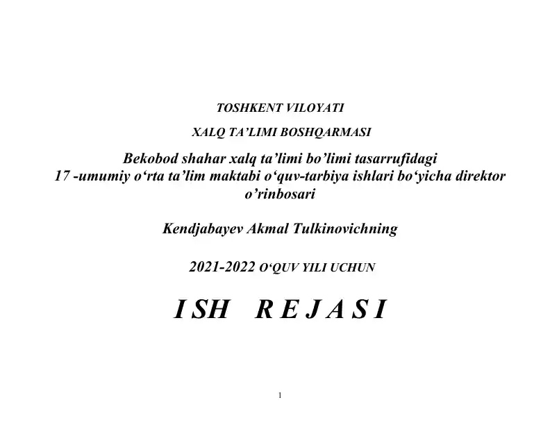 O‘quv-tarbiya ishlari bo‘yicha direktor o‘rinbosari rejasi