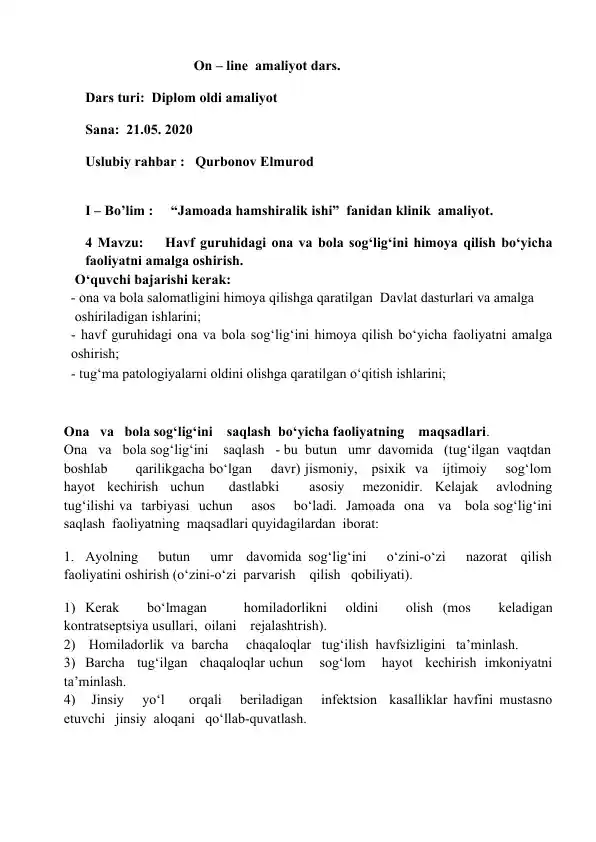 Ona va bola sog‘lig‘ini saqlash bo‘yicha faoliyat