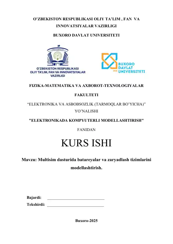 Multisim dasturida batareyalar va zaryadlash tizimlarini modellashtirish