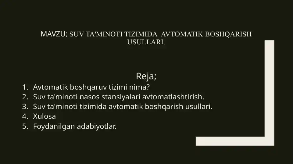 Suv ta'minoti tizimida avtomatik boshqarish usullari