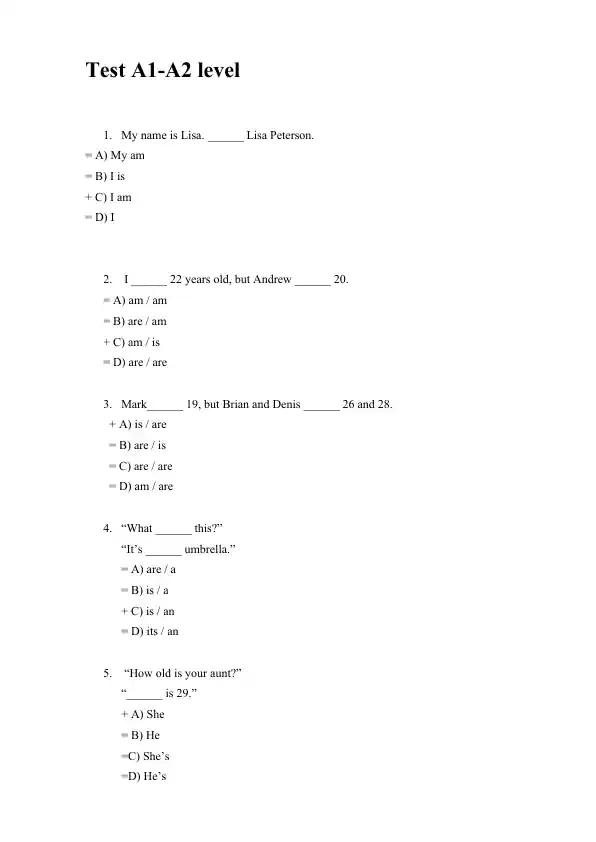 English Grammar Test A1-A2 level
