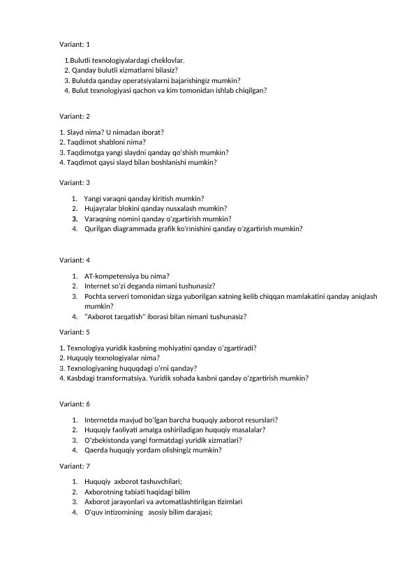 Taqdimot savollari to‘plami (variantlar bo‘yicha)