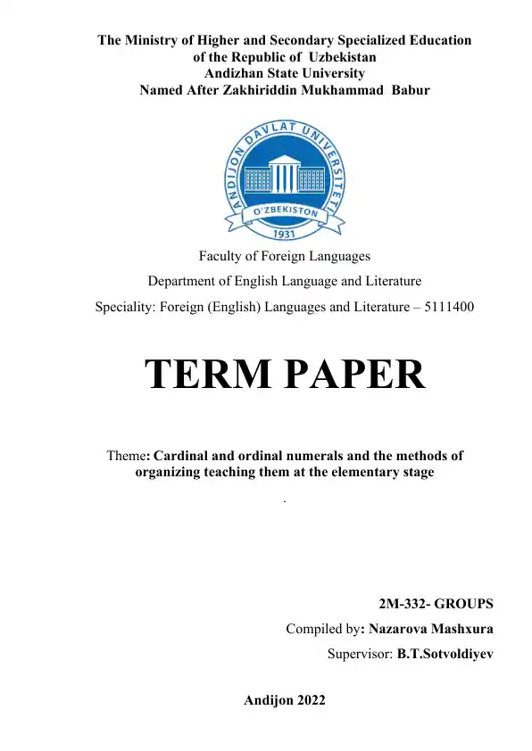 Cardinal and Ordinal Numerals and the Methods of Organizing Teaching Them at the Elementary Stage