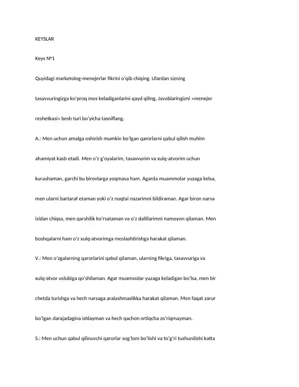 “KEYSLAR” – marketing bo‘yicha amaliy topshiriqlar to‘plami