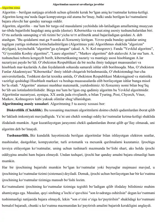 Algoritmdan nazorat savollariga javoblar