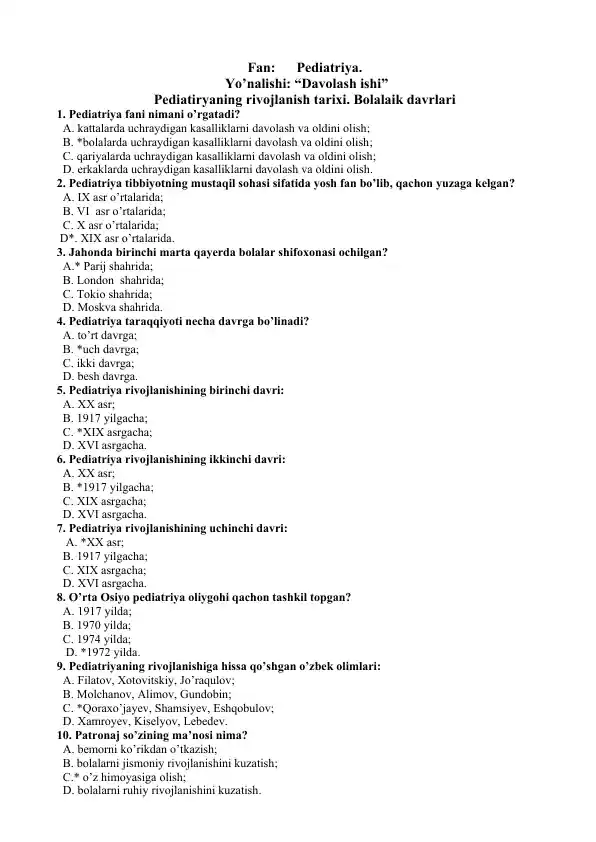 Pediatriya faniga oid taqdimot