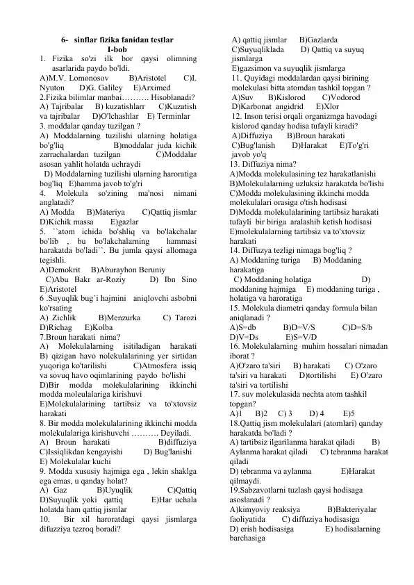 6-sinflar fizika fanidan testlar