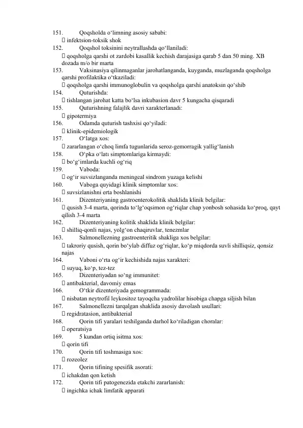 Infeksion kasalliklar bo‘yicha test savollari va javoblari