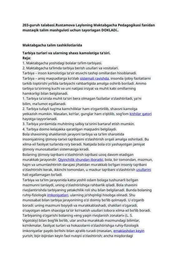 Rustamova Layloning Maktabgacha Pedagogikasi fanidan DOKLAD