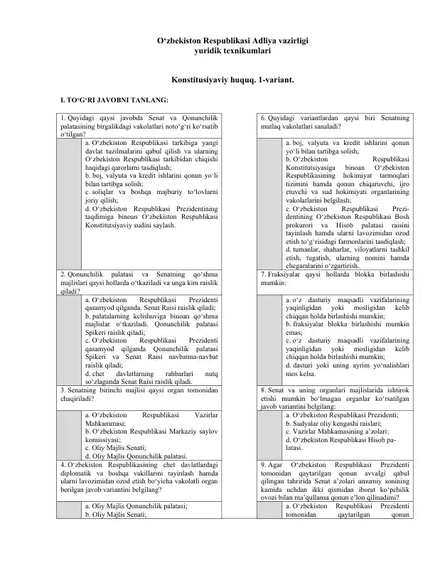O‘zbekiston Respublikasi Adliya vazirligi yuridik texnikumlari Konstitusiyaviy huquq 1-variant