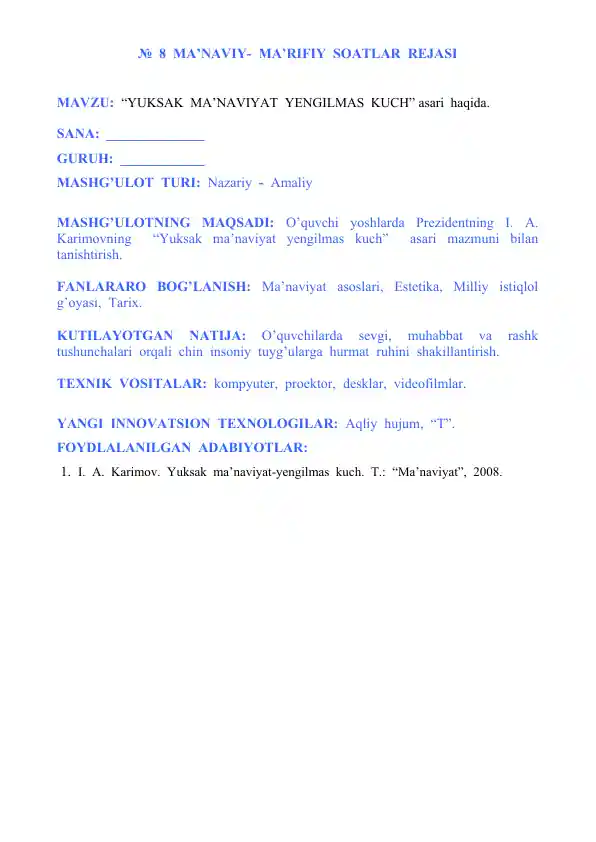 "Yuksek Ma'naviyat Yengilmas Kuch" asari