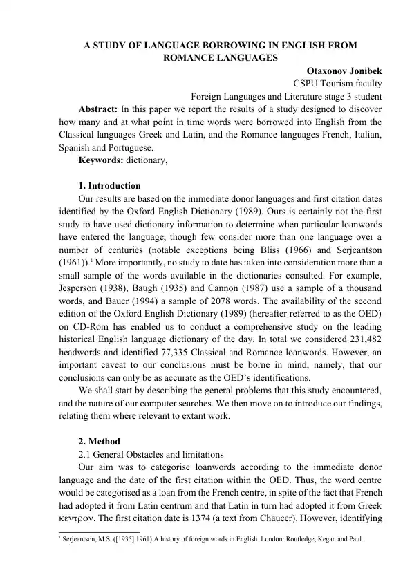 A Study of Language Borrowing in English from Romance Languages