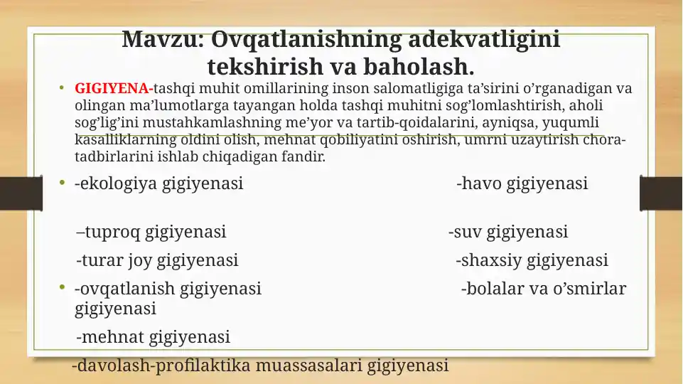 Ovqatlanishning adekvatligini tekshirish va baholash