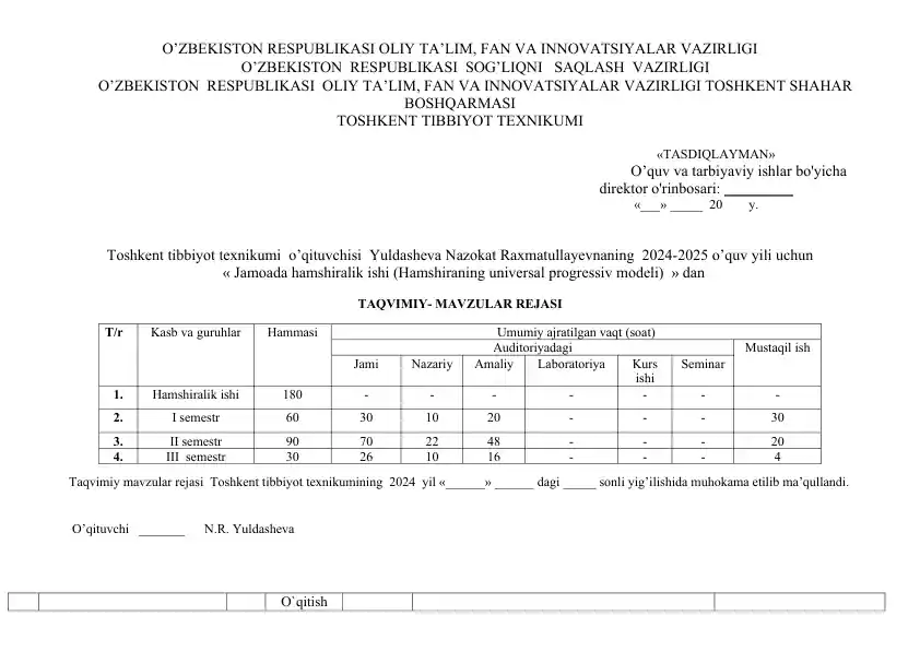 Taqvimiyl mavzular rejasi