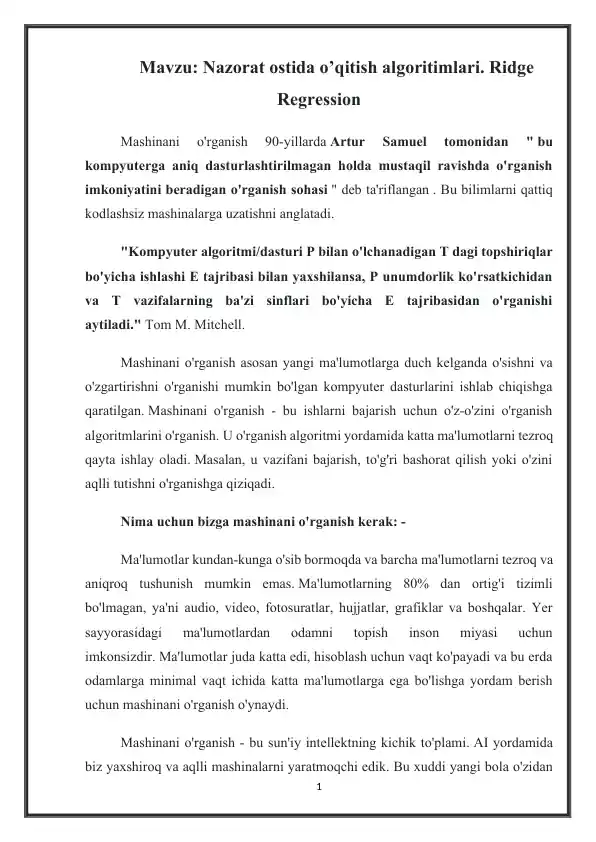Mashinani o'rganish uchun o'qitish algoritimlari: Ridge Regression