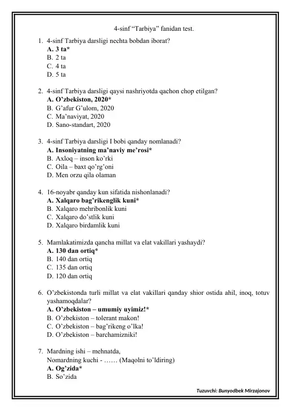 4-sinf "Tarbiya" fanidan test
