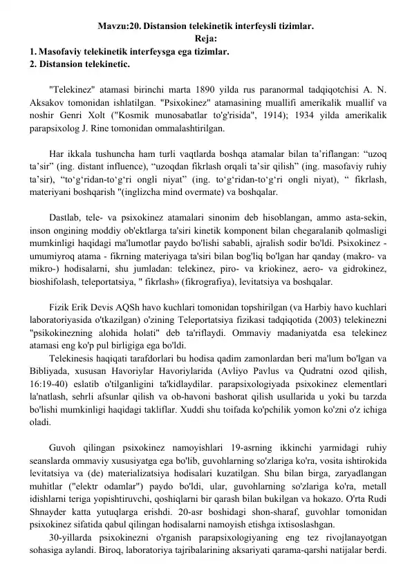 Distansion telekinetik interfeysli tizimlar