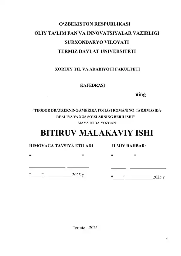 TEODOR DRAYZERNING AMERIKA FOJIASI ROMANING TARJIMASIDA REALIYA VA XOS SO’ZLARNING BERILISHI