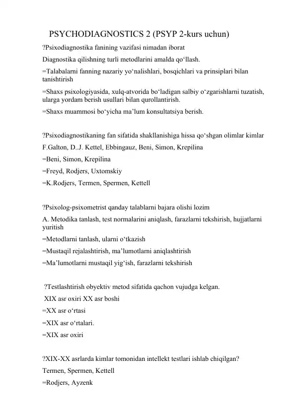PSYCHODIAGNOSTICS 2 (PSYP 2-kurs uchun)