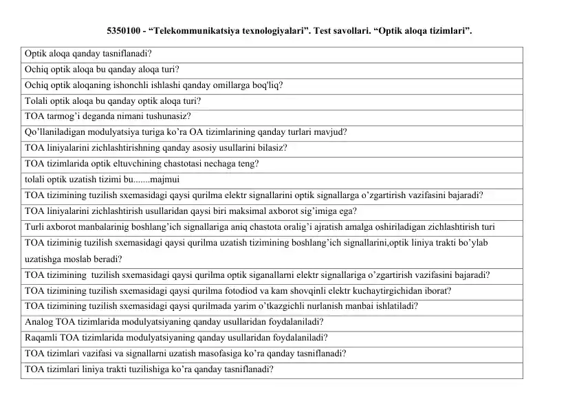 “Optik aloqa texnologiyalari”. Test savollari.